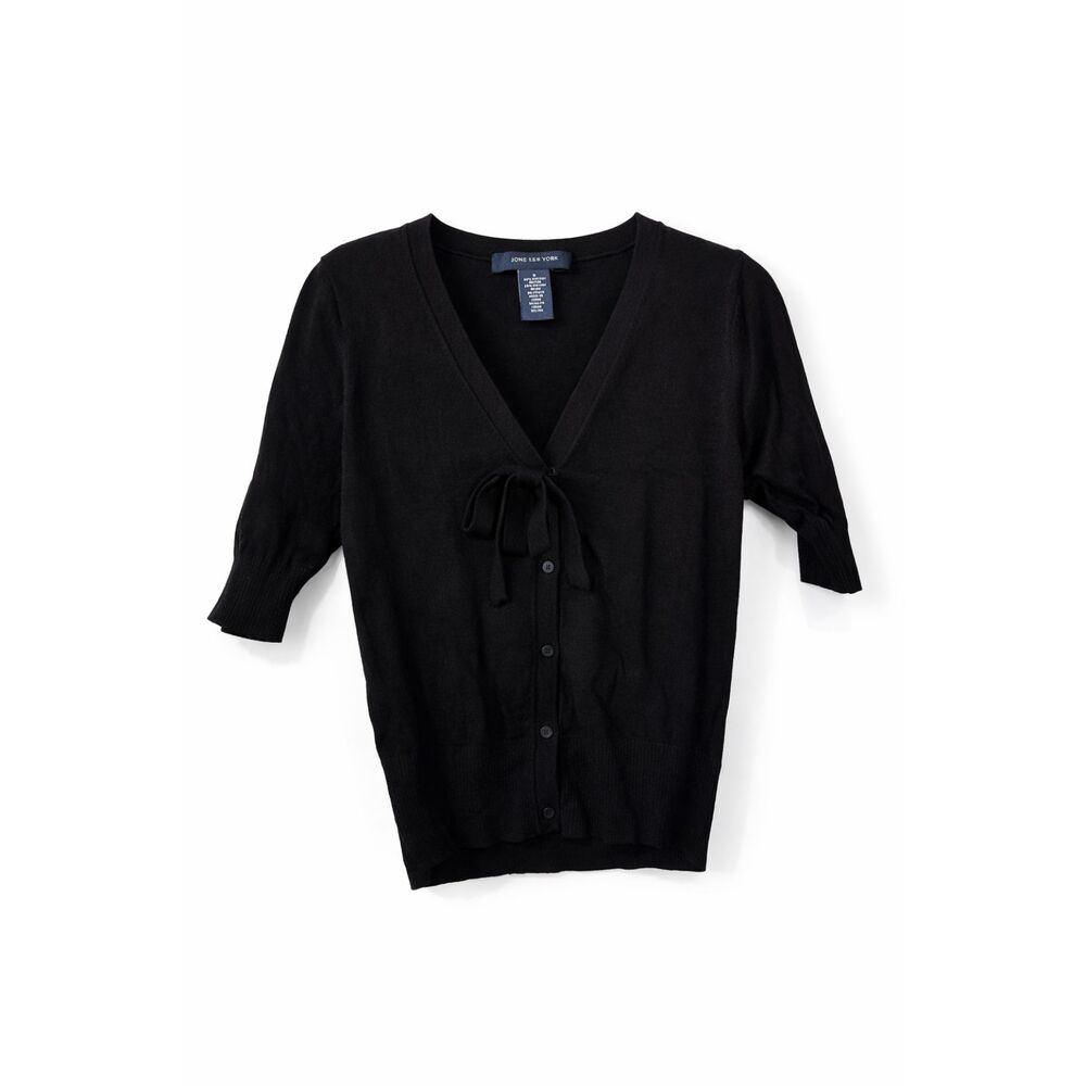 Jones Wear Black Ribbed Tie Front Cardigan Top Womens Size Small Rayon Blend